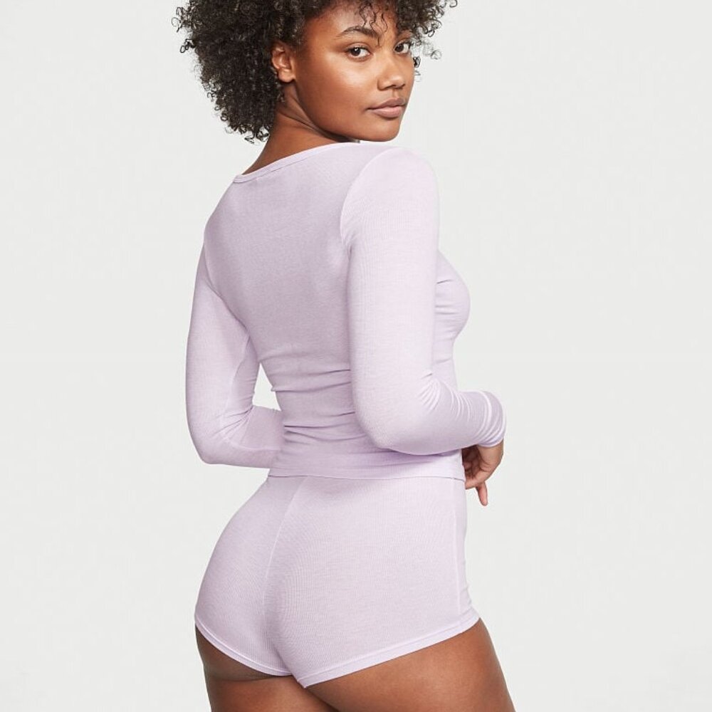 VICTORIA'S SECRET L Ribbed Modal Henley Short Pajama Set Purple So Comfy NWT